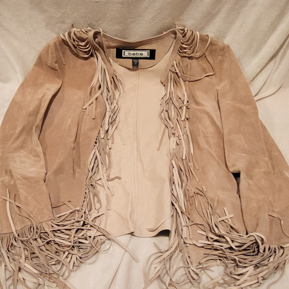 Bebe Beige Leather Fringe Jacket